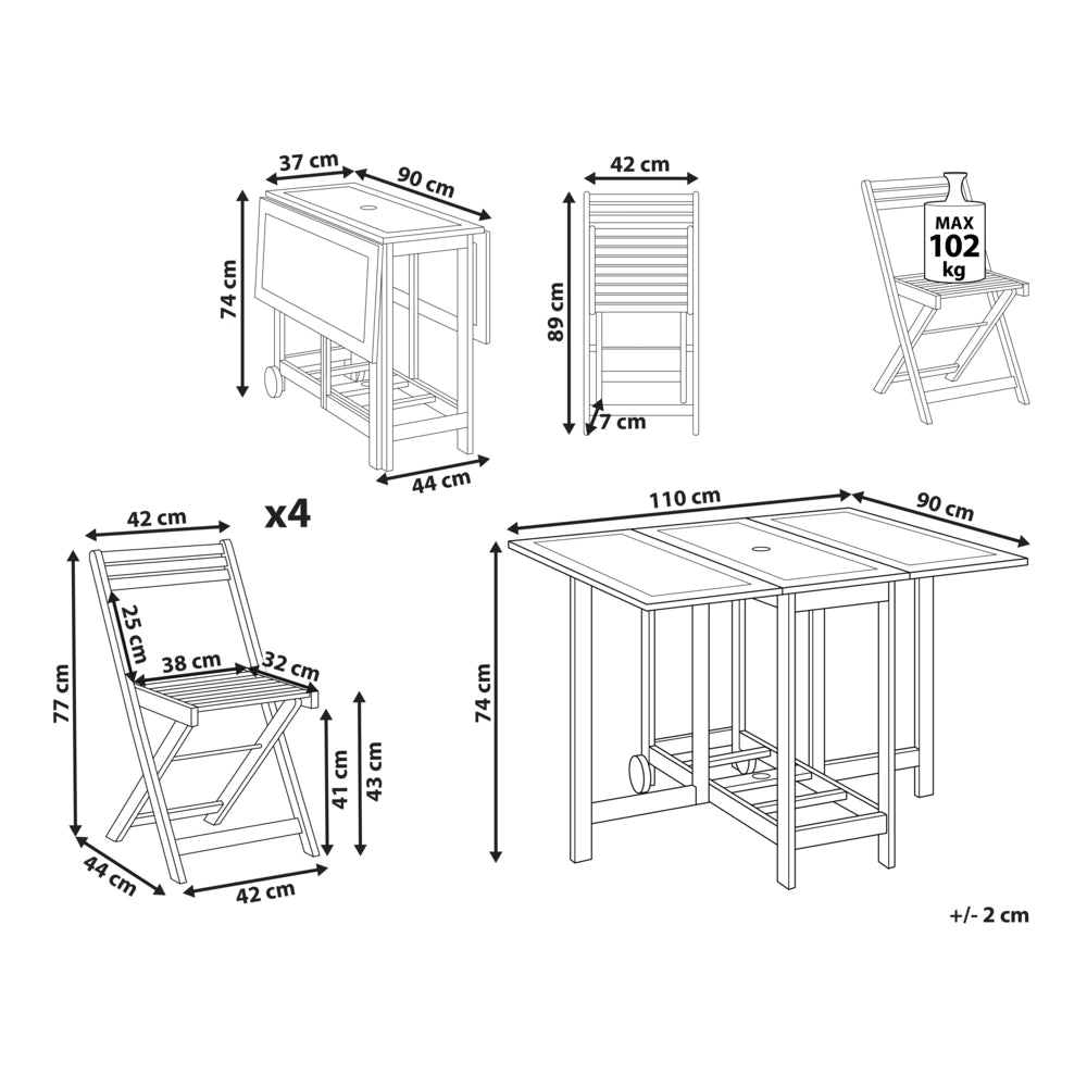 Set da pranzo da giardino Tavolo rettangolare in legno massiccio di acacia chiaro 4 sedie da esterno pieghevoli in stile rustico design moderno