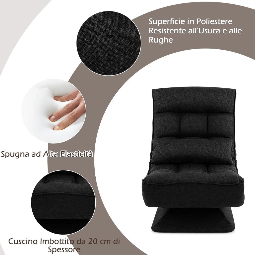 Poltrona da Terra Girevole 360°, Poltrona Relax con Schienale Regolabile a 4 Posizioni, Sedia Pieghevole con Base, per Soggiorno Camera da Letto (Nero)