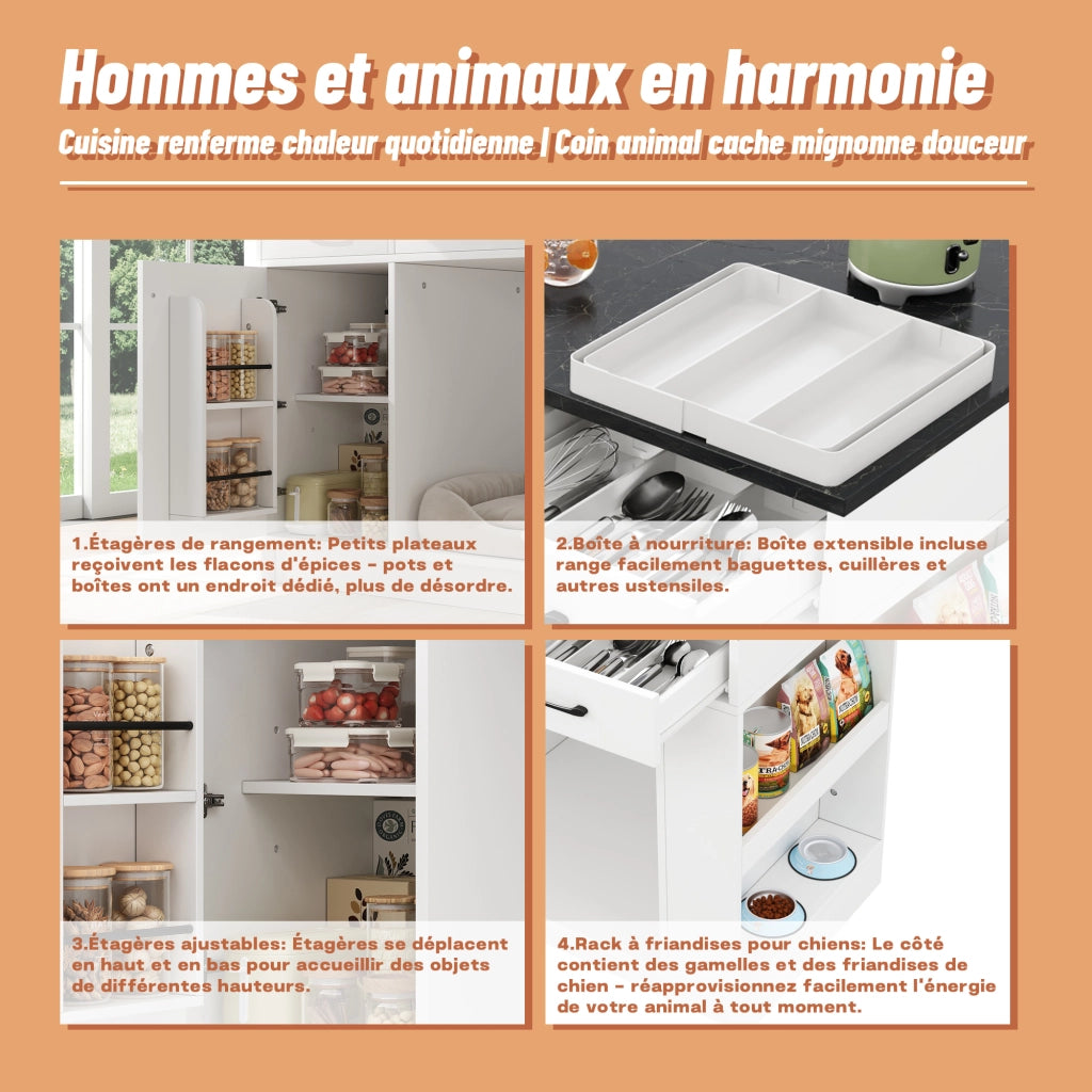 Carrello da Cucina con 3 Cassetti; Porta Spezie; Ripiano Regolabile e Vano Aperto; in MDF; Bianco