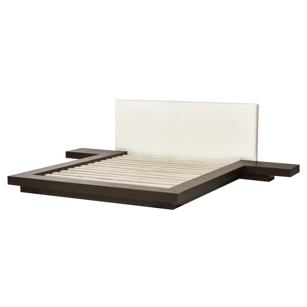 Letto LED in stile giapponese in frassino scuro 160 x 200 cm testata in legno impiallacciato bouclé camera da letto a basso profilo