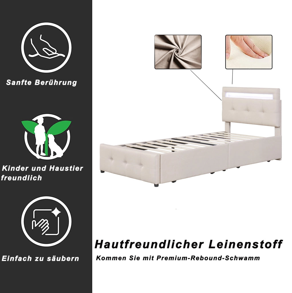 Letto imbottito 90x200 cm con LED; 2 cassetti; testiera regolabile; beige