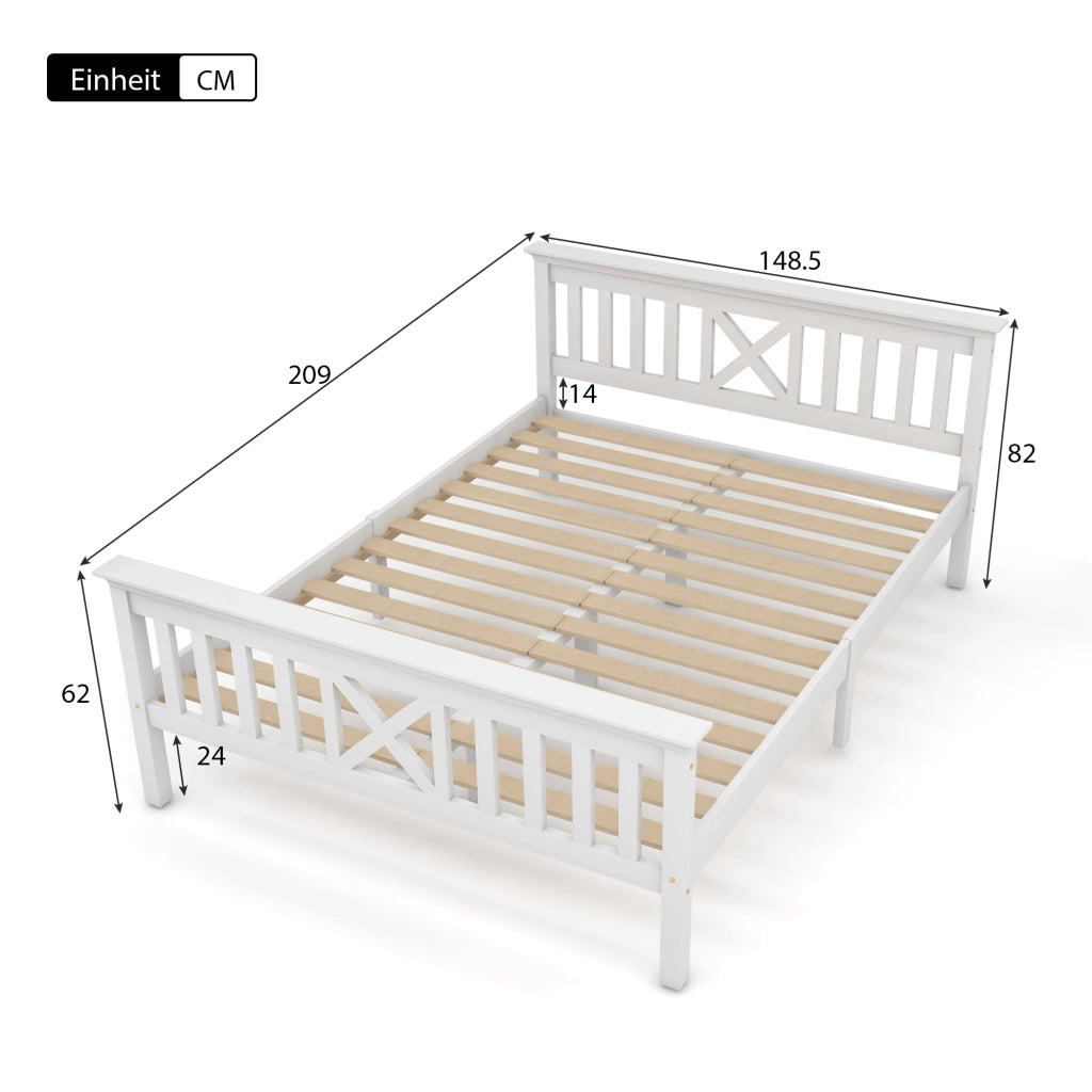 Letto matrimoniale in legno massello 140x200 cm con testiera a X, rete a doghe e spazio contenitore, bianco