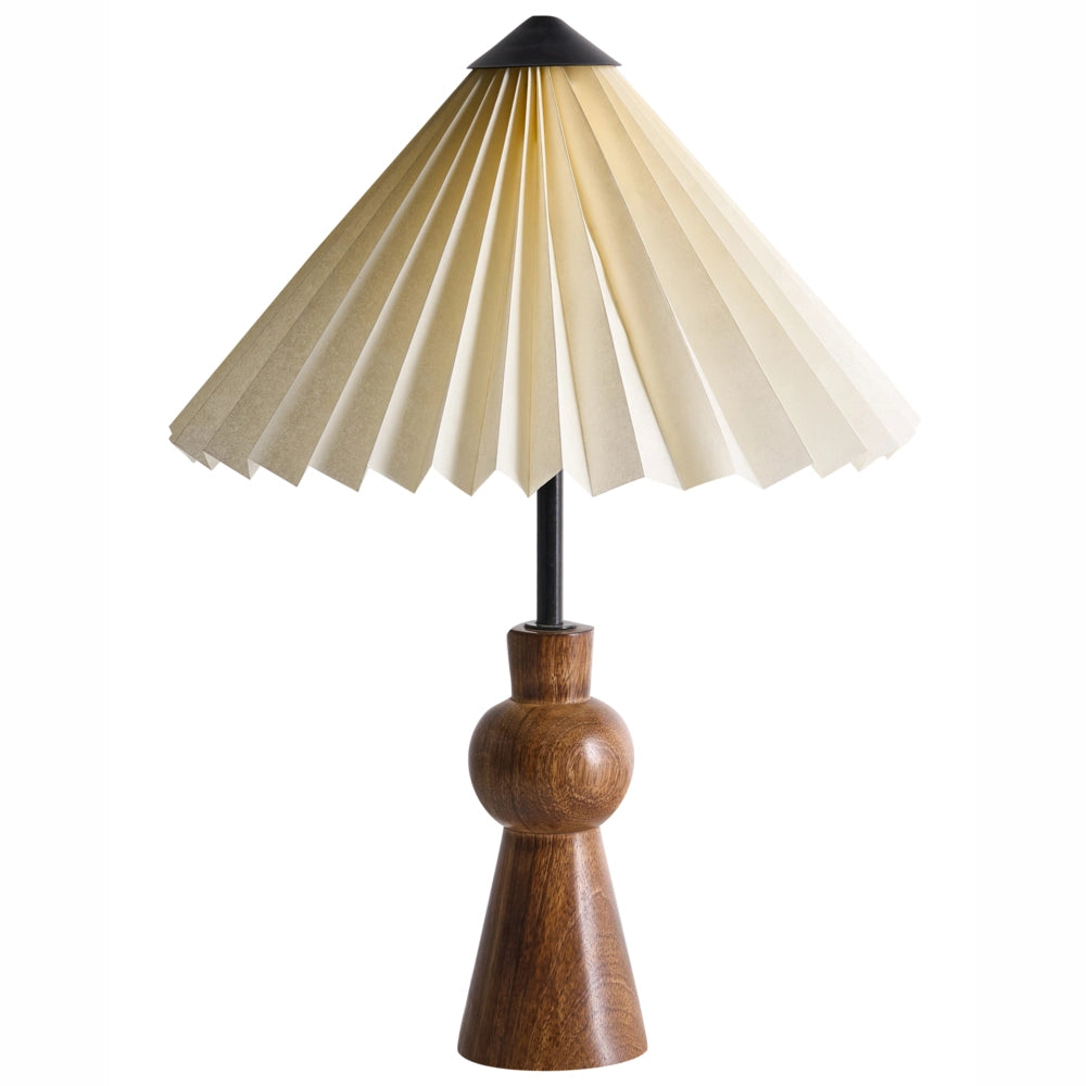 Lampada da tavolo in carta beige e legno di mango per soggiorno e camera da letto stile moderno e contemporaneo