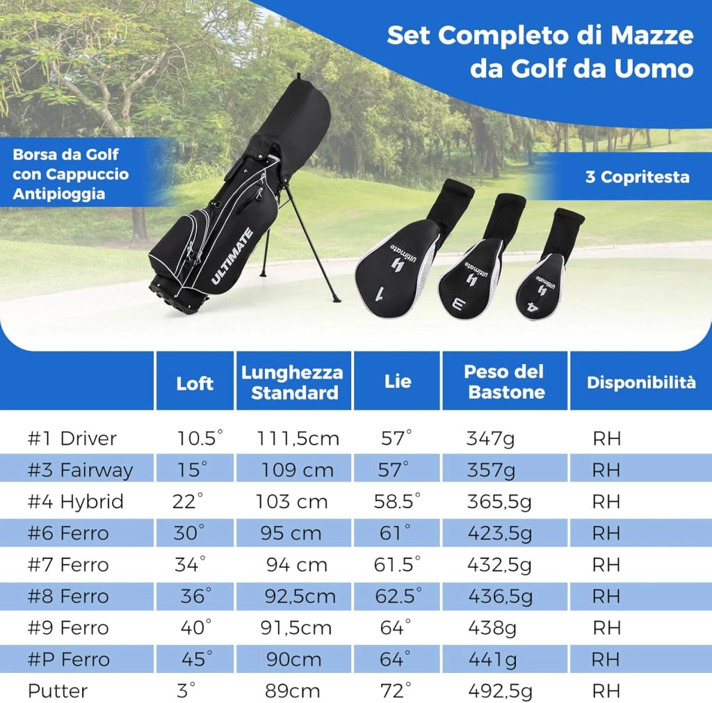 Set Completo di Mazze da Golf per Destri da Uomo, con Driver da 460 cc, Legno da Fairway 3, Ibrido 4, Ferri 6 7 8 9, P, Putter e Borsa per mazze da golf