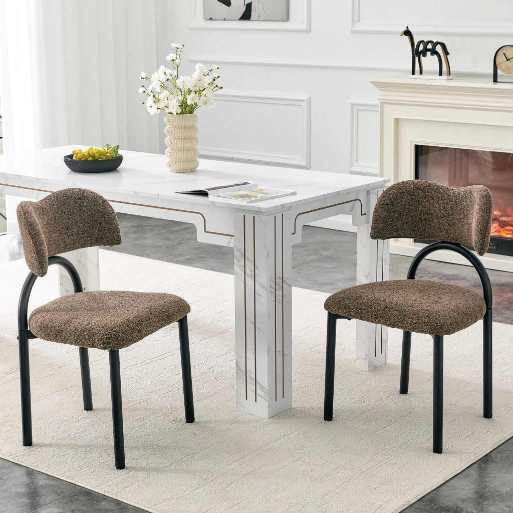 Set di 2 sedie da sala da pranzo moderne imbottite con schienale curvo e struttura in metallo nero, tessuto marrone