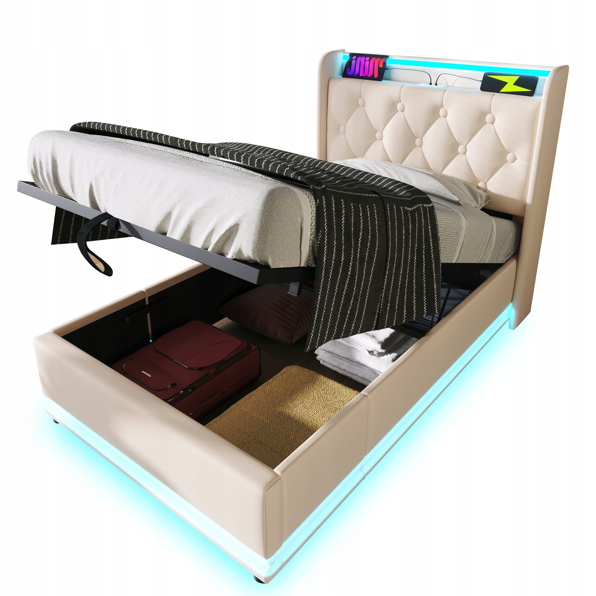 Letto imbottito 90x200 - Xylo - Bianco, idraulico, LED, USB-C