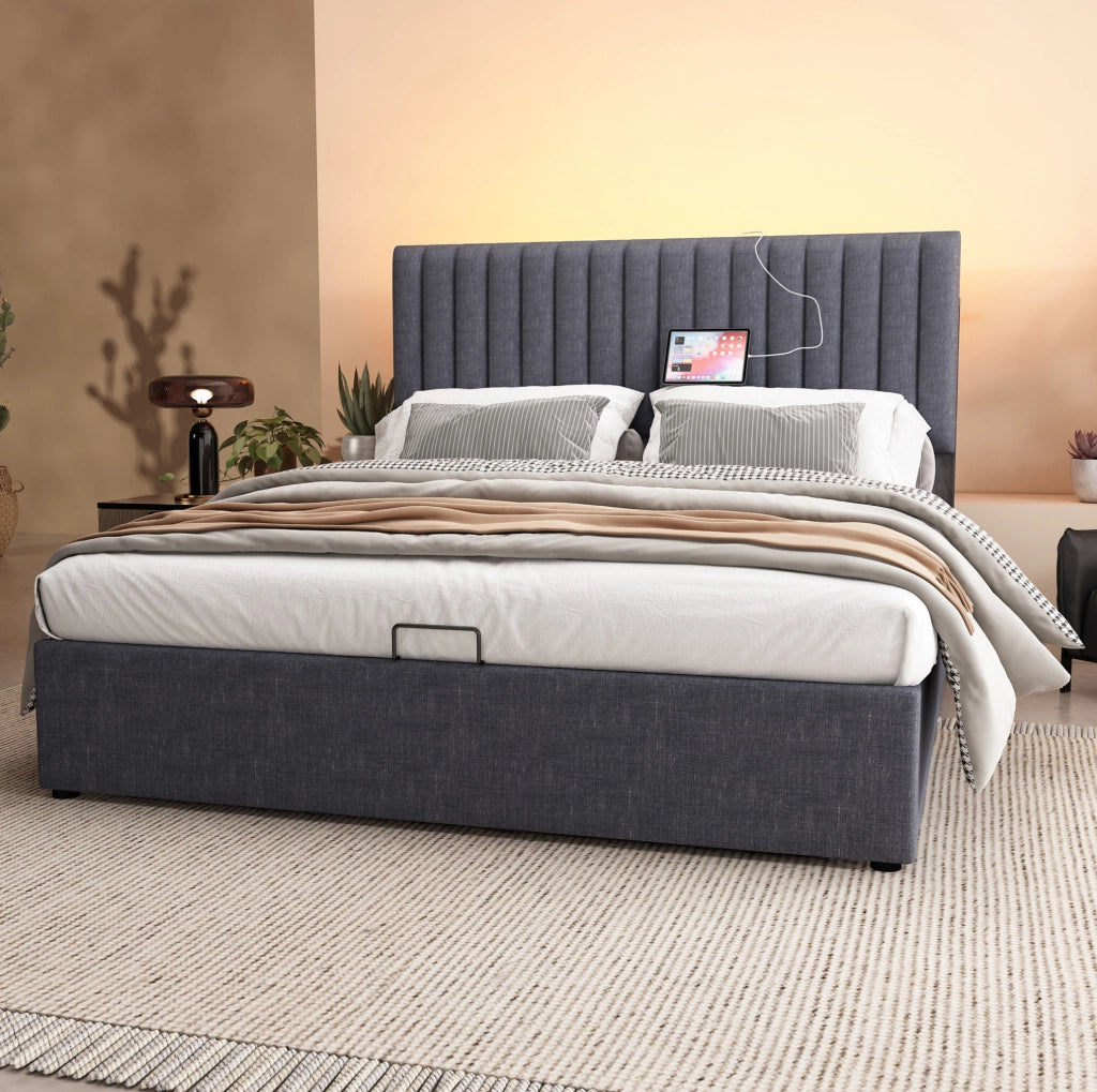 Letto matrimoniale 140x200 con LED, USB e contenitore