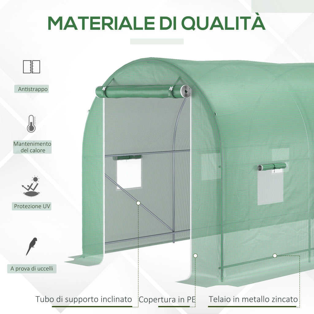 Serra a Tunnel da Giardino 5x2x2 m con 8 Finestre e Porta Avvolgibile, Verde