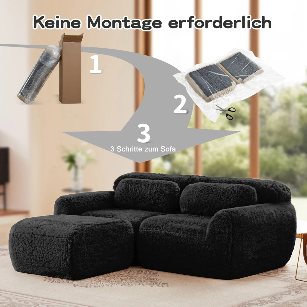 Divano modulare angolare 2 posti a L 204x179x73 cm in tessuto plush nero; senza montaggio