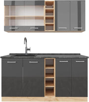 Cucina completa R-Line, Antracite lucido/oro power oak, 160 cm, PL Antracite, adatto per combinazioni ed espansioni personalizzate