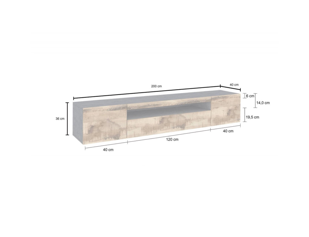 Mobile da soggiorno Porta Artropodi, Made in Italy, Credenza per Artropodi in stile industrial a 3 ante, cm 200x40h37, Ardesia e Acero, con luce LED blu