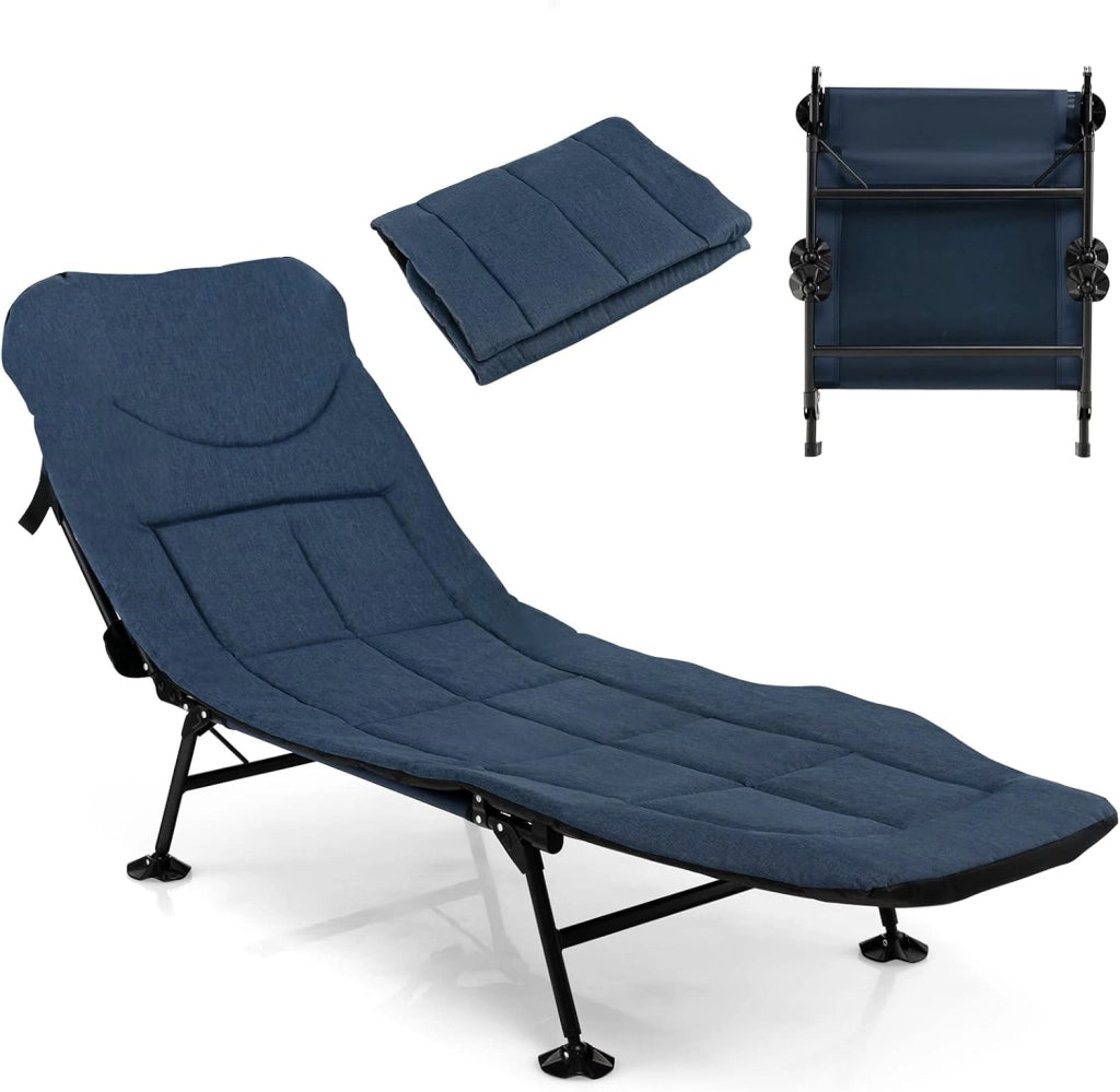 Lettino da Campeggio Pieghevole, Schienale Regolabile in 6 Livelli, Brandina con Materasso Rimovibile, Letto Portatile con Piedini Girevole a 360°, per Spiaggia, Carico 200 kg (Blu Navy)