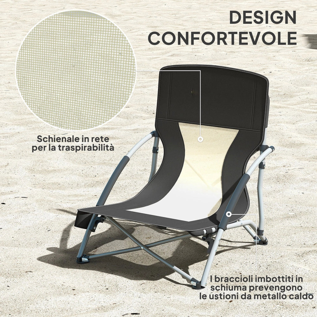 Sedia da Spiaggia Pieghevole 58x55x62 cm con Schienale a Rete e Portabicchieri in Metallo e Tessuto Oxford Nero