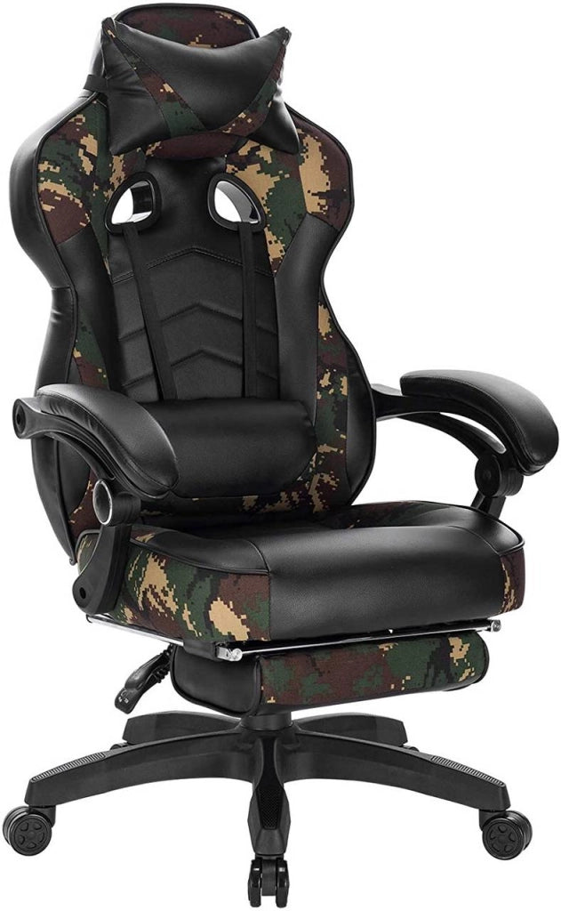 Sedia da ufficio sportiva sedia da gaming con poggiatesta cuscino lombare e poggiapiedi in similpelle mimetica nera 19_0000081