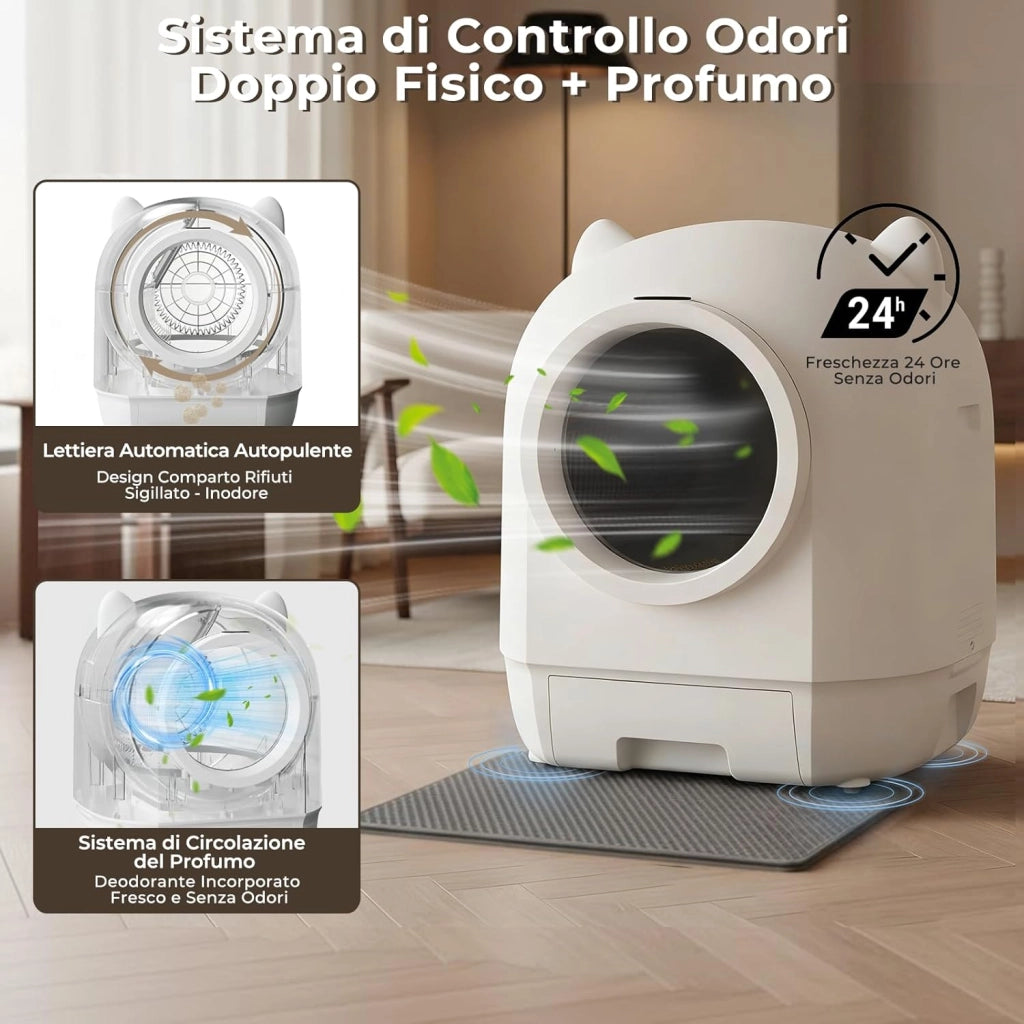 Lettiera Gatto Autopulente, Lettiera Autopulente Per Gatti XXL 90L, Doppio Sistema Anti-Odori E Protezioni Sicurezza Multiple, Controllo A Distanza Via APP, Ideale Per Famiglie Con Più Gatti