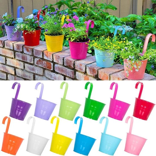Pannelli per piante appesi, 13 cm, 12 pezzi Grande vaso di metallo per piante con foro di drenaggio e gancio rimovibile per balcone, cancellata e decorazione interna
