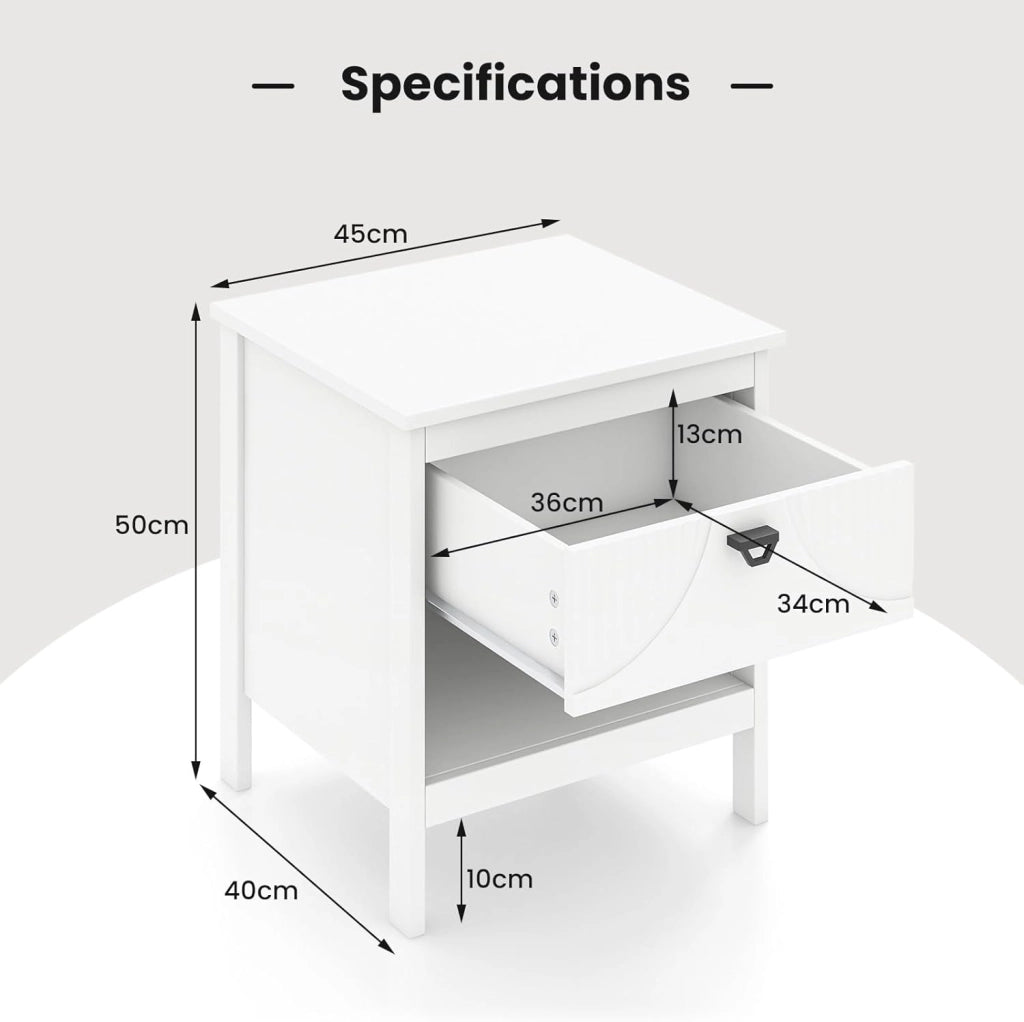 Comodino per camera da letto, tavolino con cassetto e ripiano aperto, cassettiera in legno in stile moderno, mobile di stoccaggio per soggiorno, ufficio, 45 x 40 x 50 cm, bianco