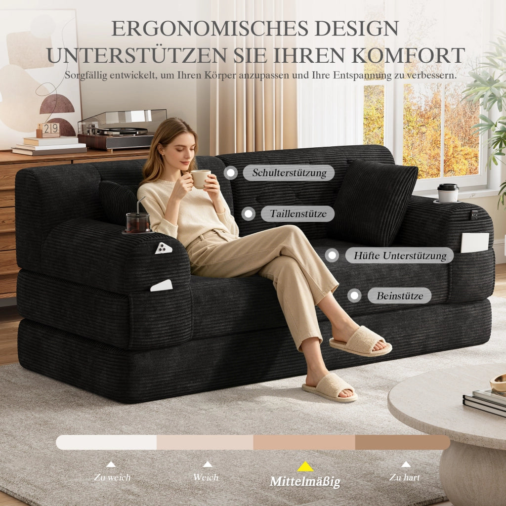 Divano letto a 2 posti con schienale alto, tasche laterali e 2 portabicchieri in velluto a coste nero 168 × 80 × 81 cm