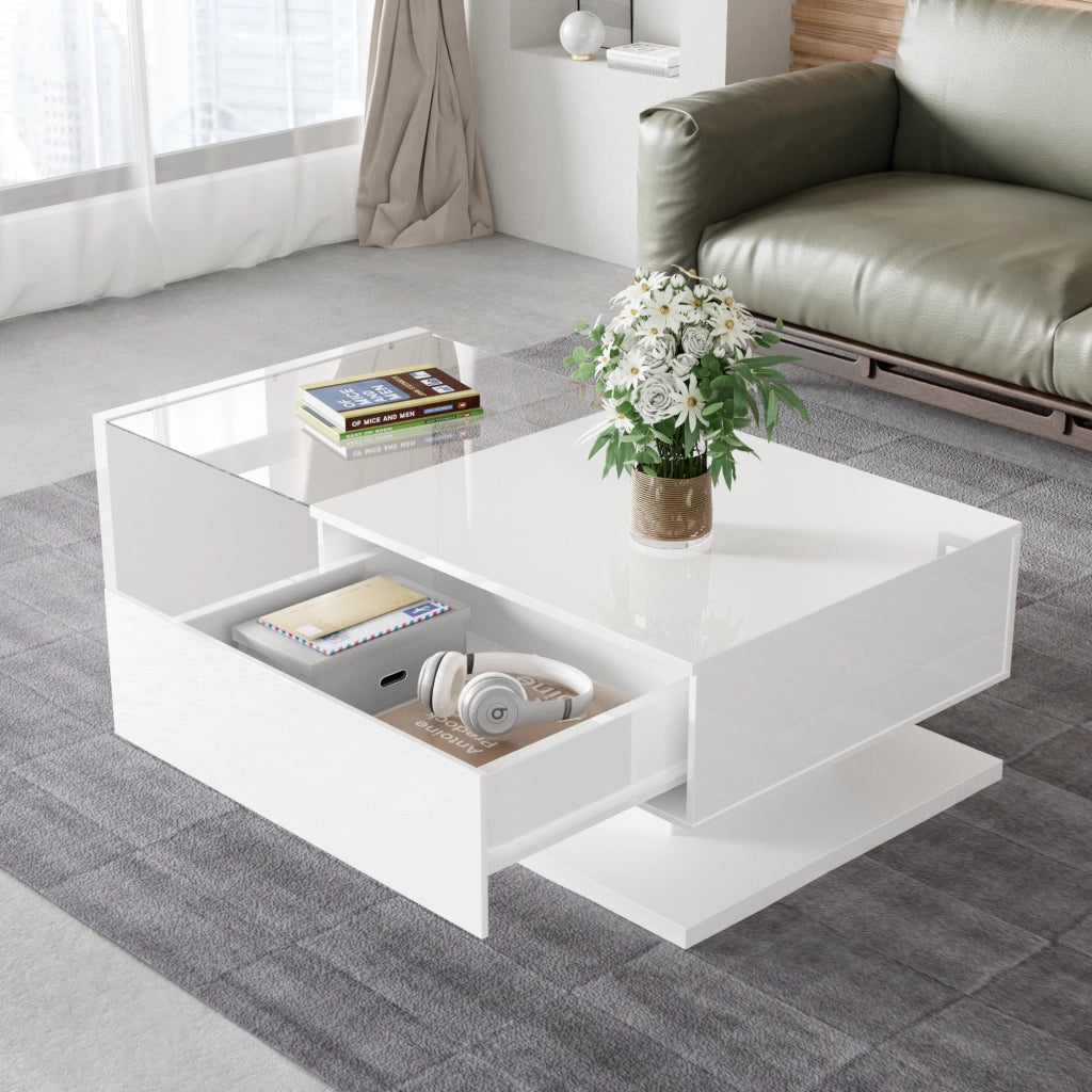 OKWISH Tavolino da Salotto Rettangolare con Vano Portaoggetti e LED, Finitura Lucida, per Soggiorno, 105 x 55 x 32.5 cm, Bianco
