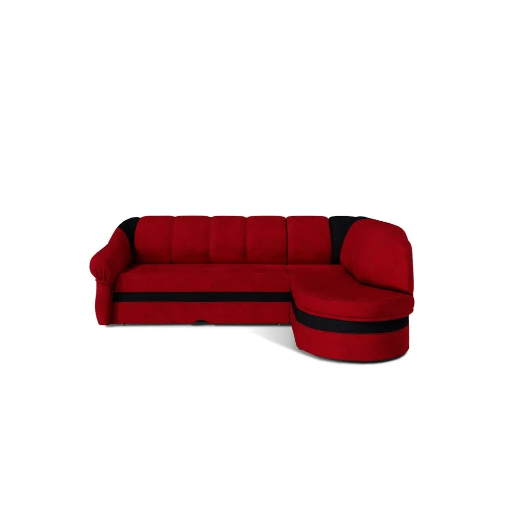 Divano angolare destro convertibile BENANA 250 cm rosso e nero con vano contenitore