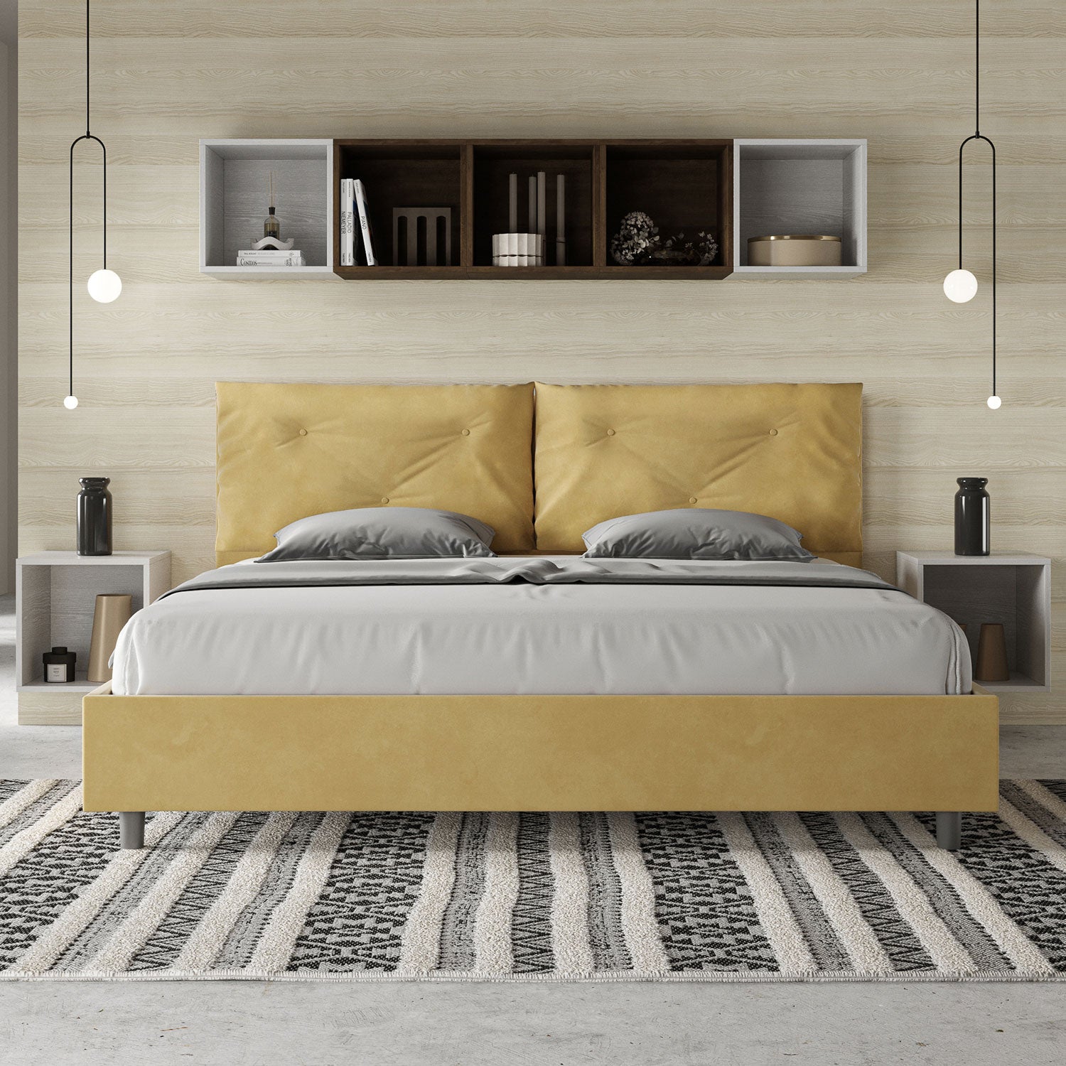 Letto Matrimoniale King Size 200x200 cm con Rete Imbottito in Microfibra Appia Large Ocra