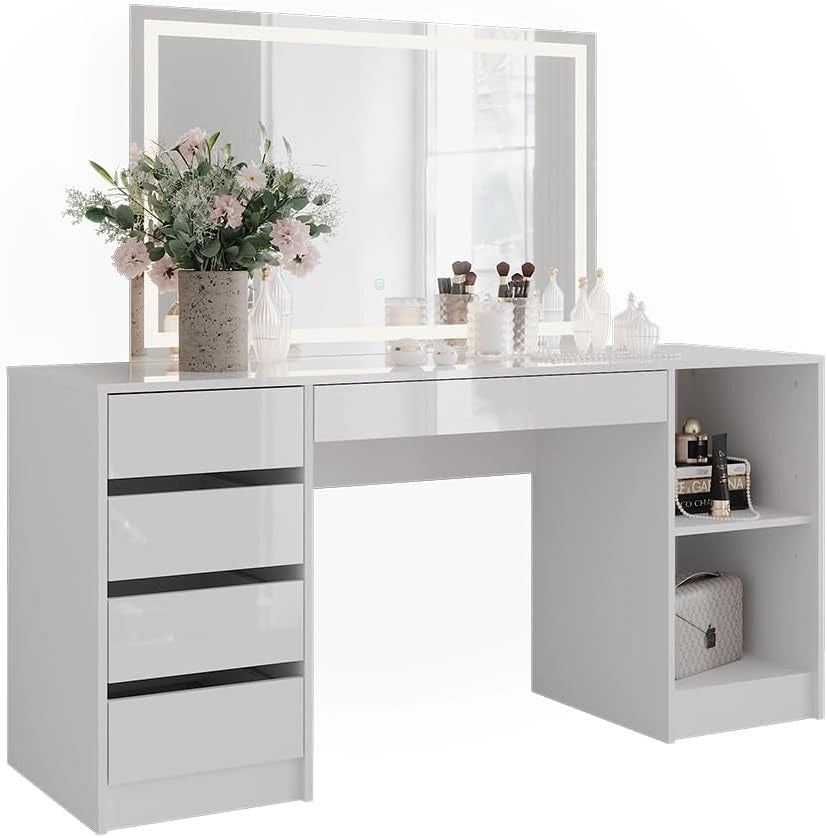 Tavolo da toeletta Sherry, Bianco/bianco lucido, 158.2 cm con specchio LED