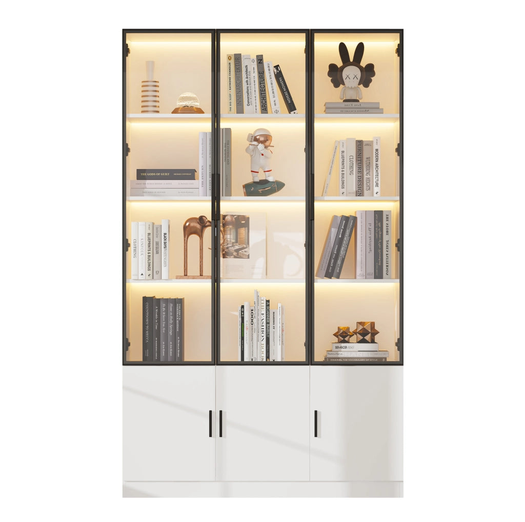 Vetrina alta 120 x 32 x 200 cm con 6 ante in vetro; LED controllato da app; bianco