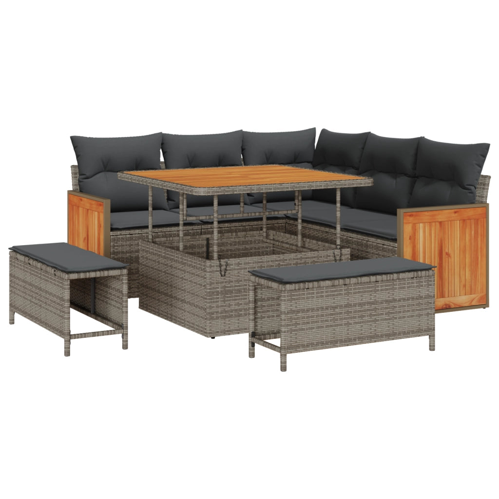 Set divano da giardino 8 pezzi con cuscini Grigio Polyrattan Acacia