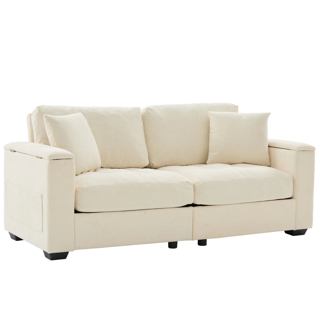 Divano 2 posti in ciniglia beige con contenitore nei braccioli e 2 cuscini HOMVRA