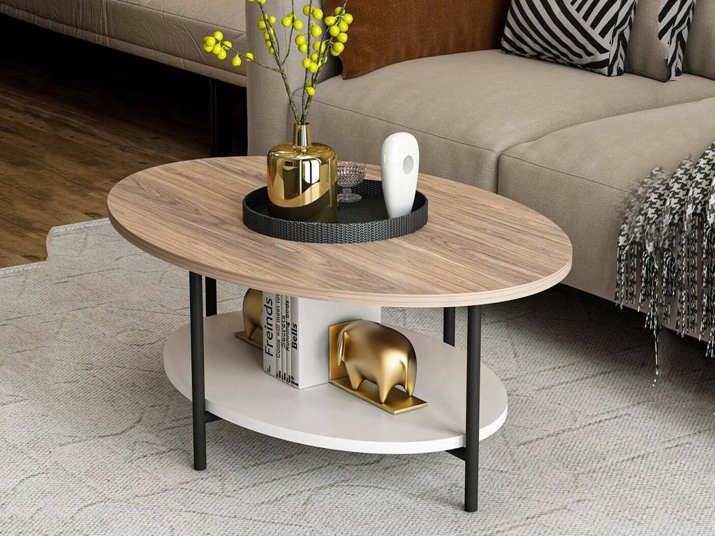 Subiaco, Tavolino da Salotto Forma Ovale, 60x90x36h cm Bianco Quercia
