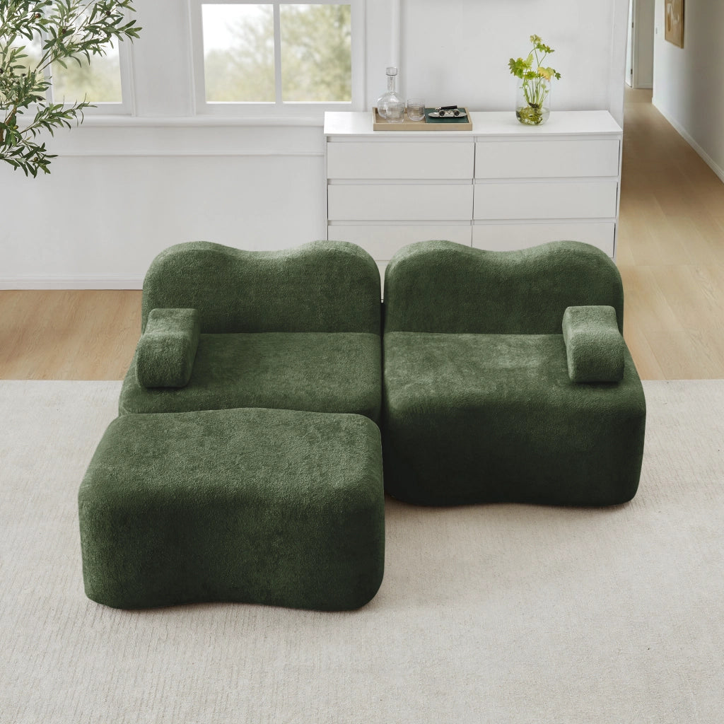 Divano angolare modulare senza struttura con pouf e cuscino bracciolo mobile in velluto verde per casa