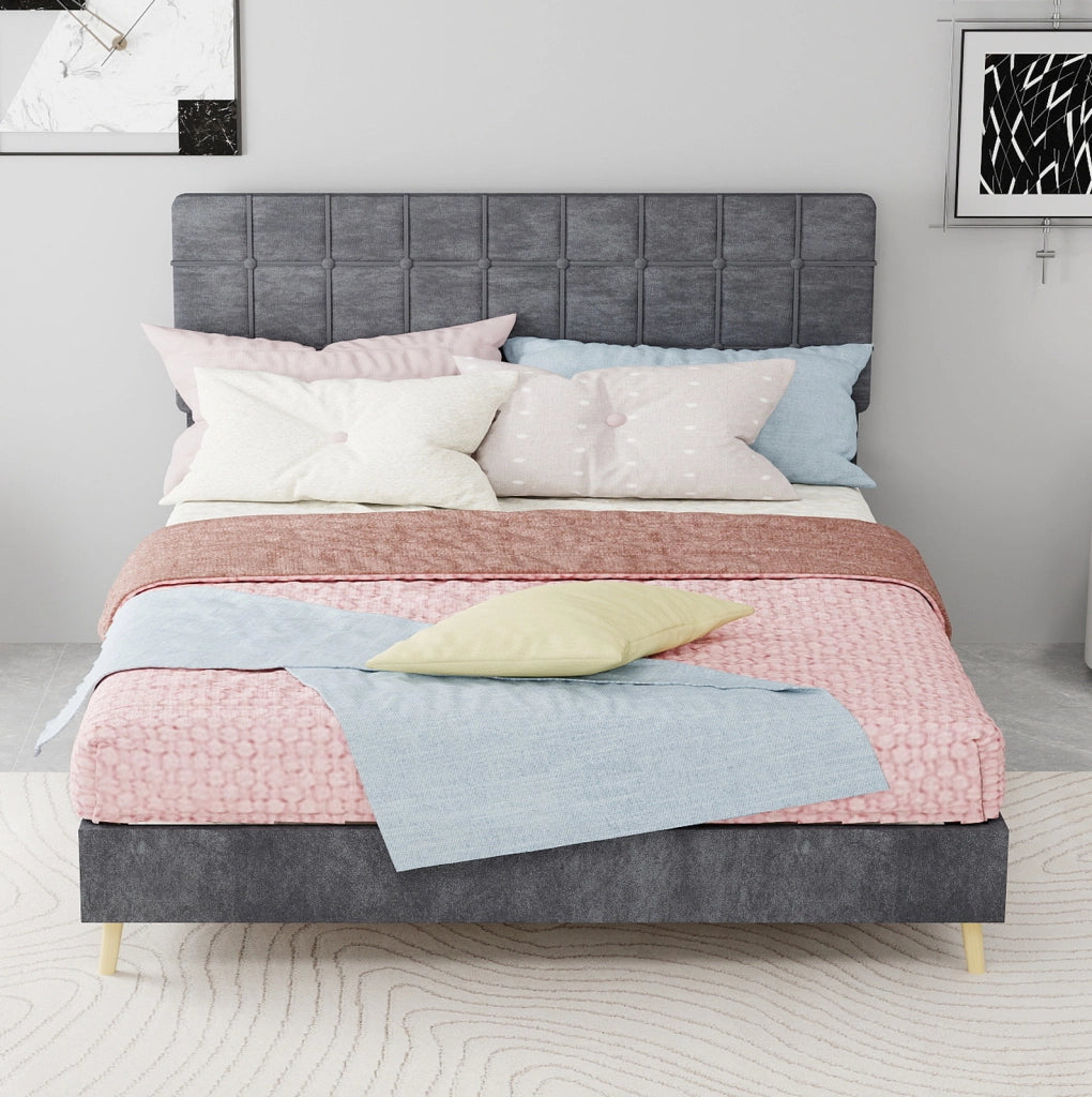 Letto 140x200 cm con testiera trapuntata e gambe in legno in velluto grigio
