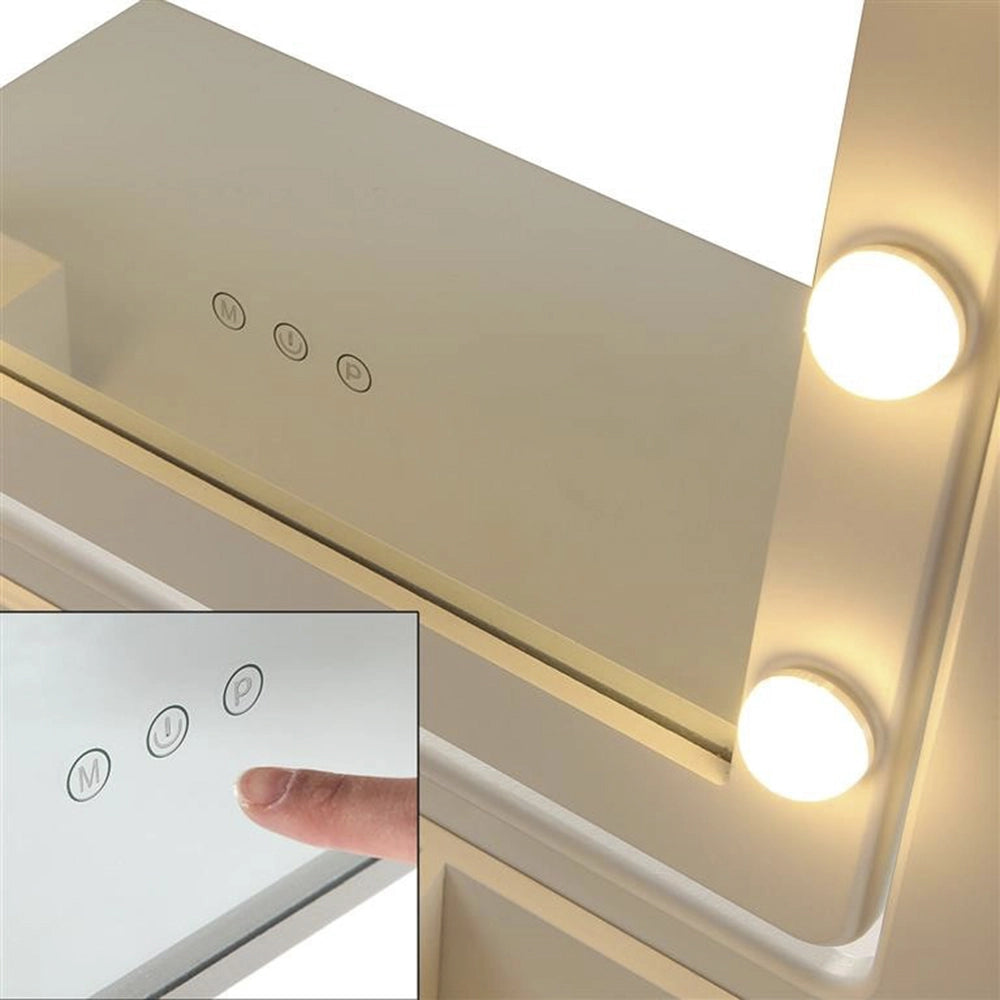 Toeletta trucco Glam in legno bianco specchio quadrato con luce led
