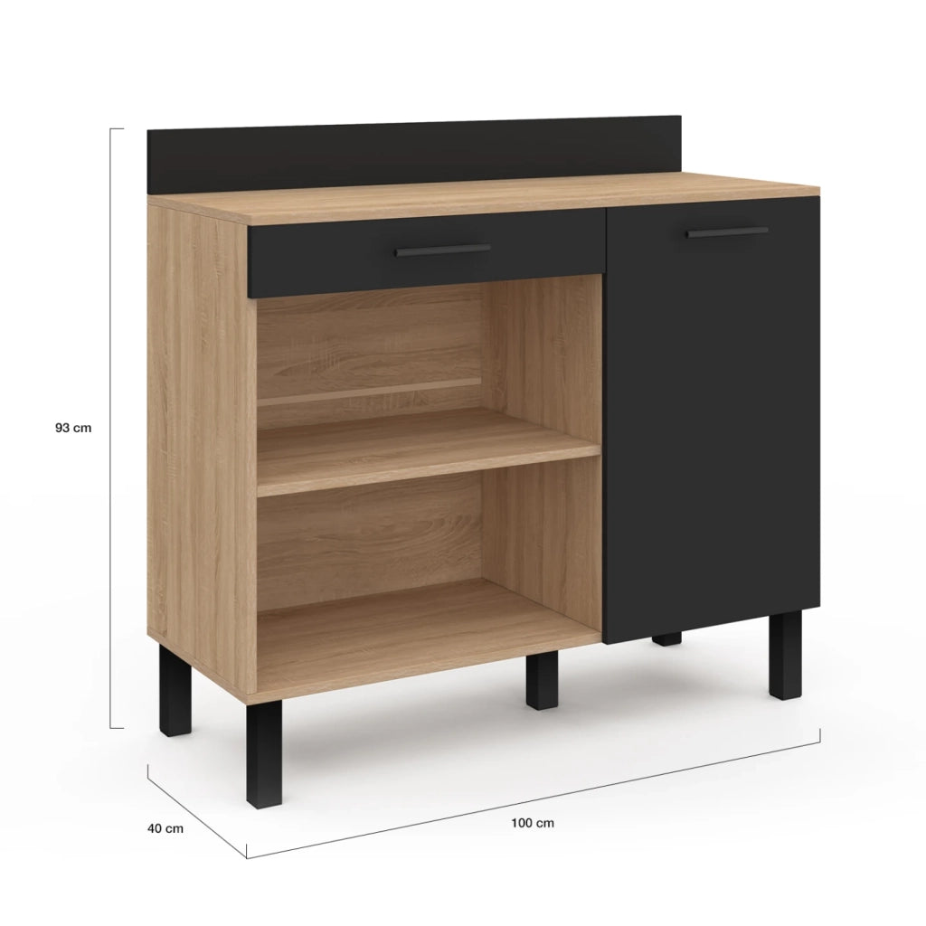 IDMarket - Credenza bassa 100 CM CINA piano di lavoro H.83 cm 1 anta + 1 cassetto finitura faggio e nero