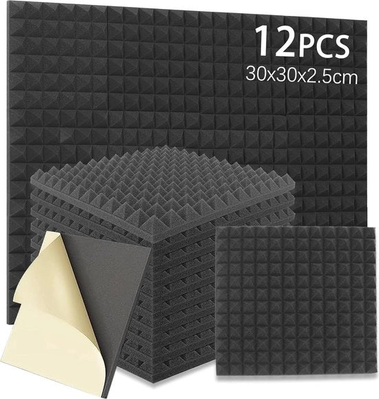 Pannello di schiuma acustica autoadesivo - Pannello assorbente del suono con punte piramidali - 12 pezzi 30x30 cm