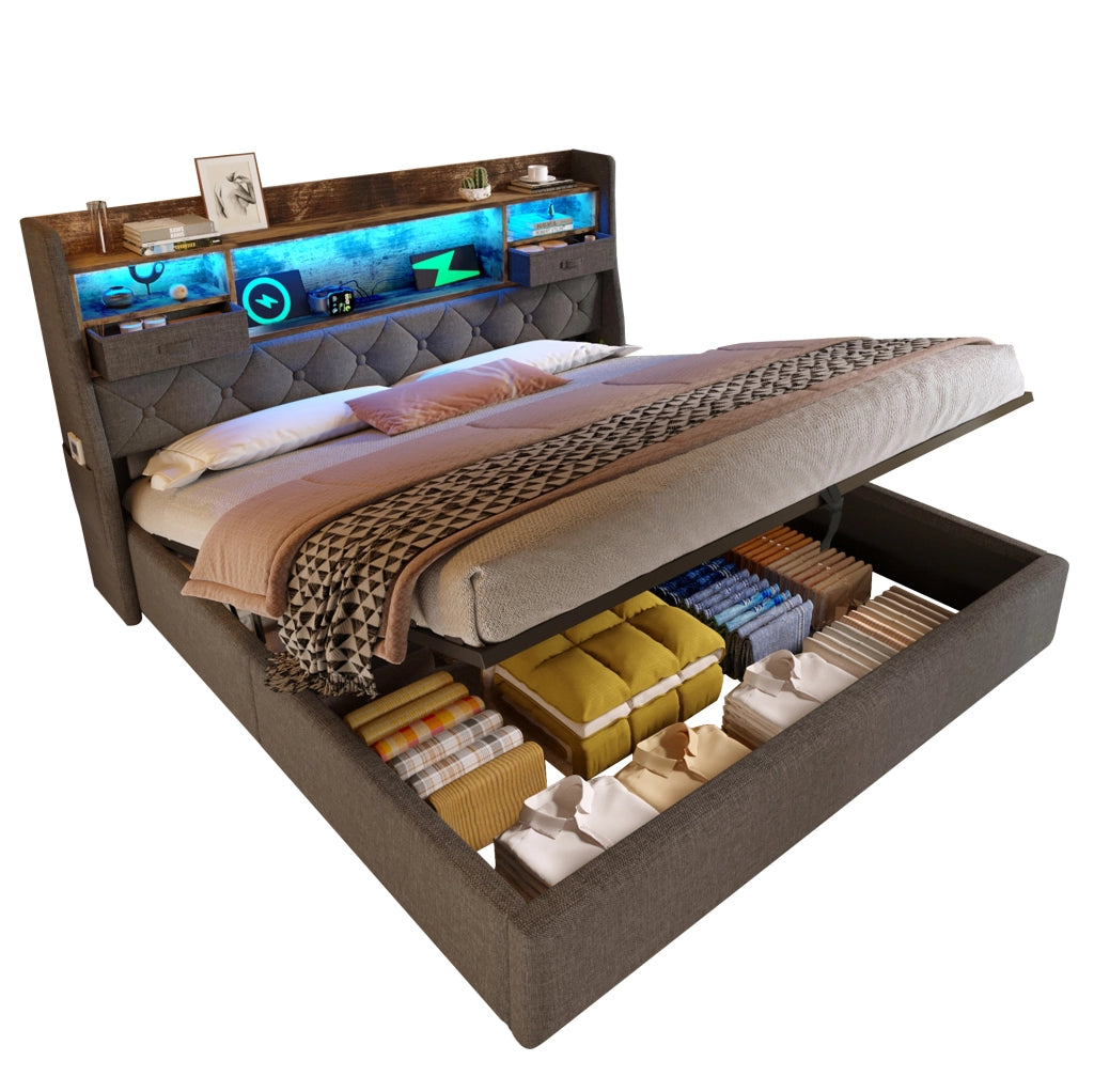 Letto matrimoniale 140x190 cm con contenitore idraulico; LED e porte USB in lino grigio