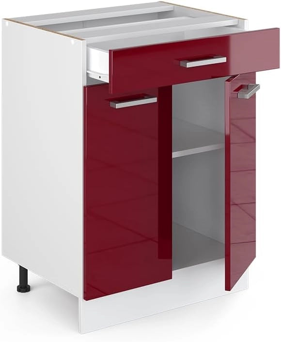 Mobiletto base per cucina R-Line, Rosso lucido, 60 cm con cassetto, senza piano di lavoro, per la libera combinazione all'interno di sistemi cucina modulari