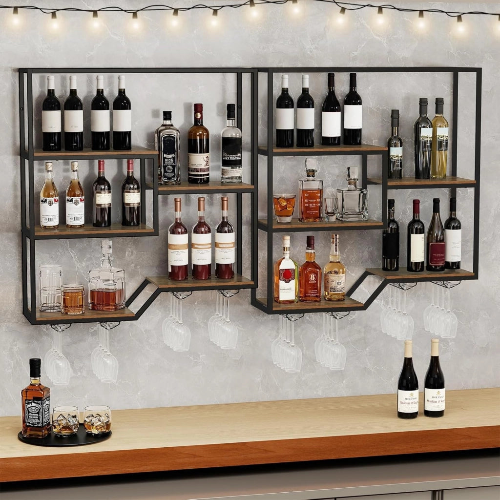 Scaffale per bottiglie di vino da parete, a 6 livelli, con 4 supporti in vetro e robusto telaio in metallo, per casa, bar, cucina, sala da pranzo e soggiorno