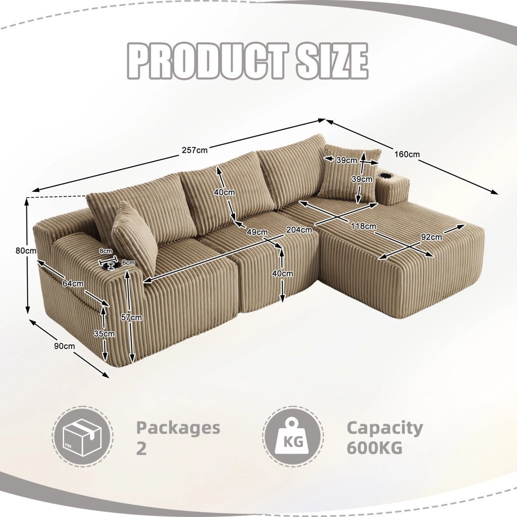 DIVANO Modulare con Chaise Longue e 2 Posti 257x160x62 cm Corda Kaki