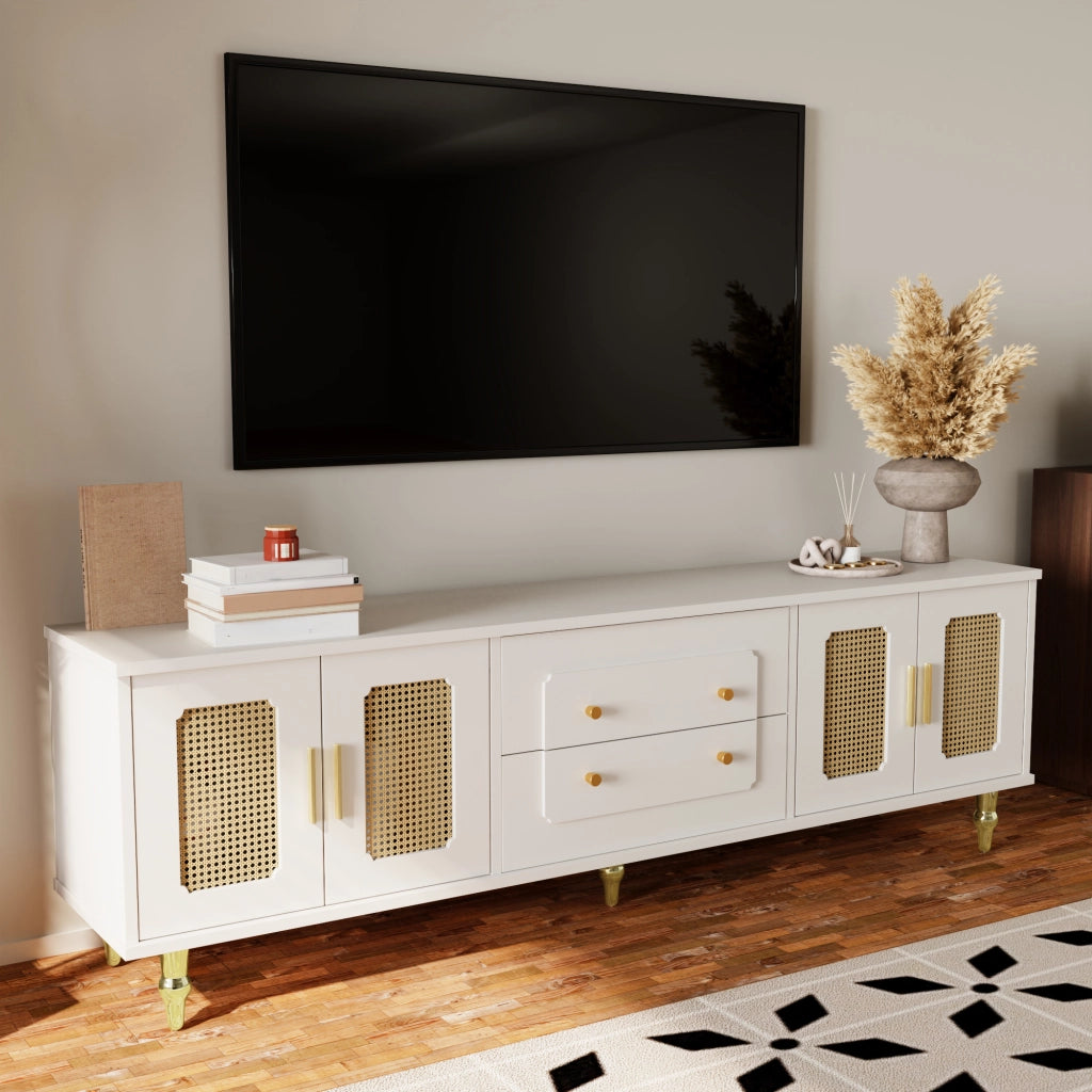 Mobile TV Basso Stile Retr¨° ¨C MINIMAL ¨C con Ante in Rattan, Gambe in Metallo, Maniglie Dorate