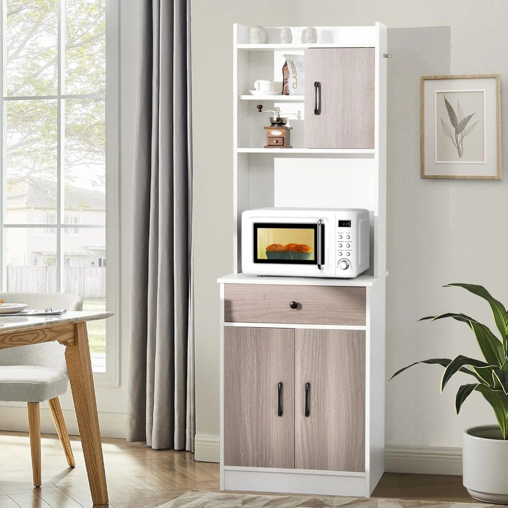 Credenza Alta da Cucina 180 cm, Mobile Cucina Dispensa con Fori Cavi, Mobile Buffet con Ripiano Regolabile, 3 Ante e Cassetto, per Soggiorno, Sala da Pranzo, Bagno, 60 x 40 x 180 cm (Bianco)