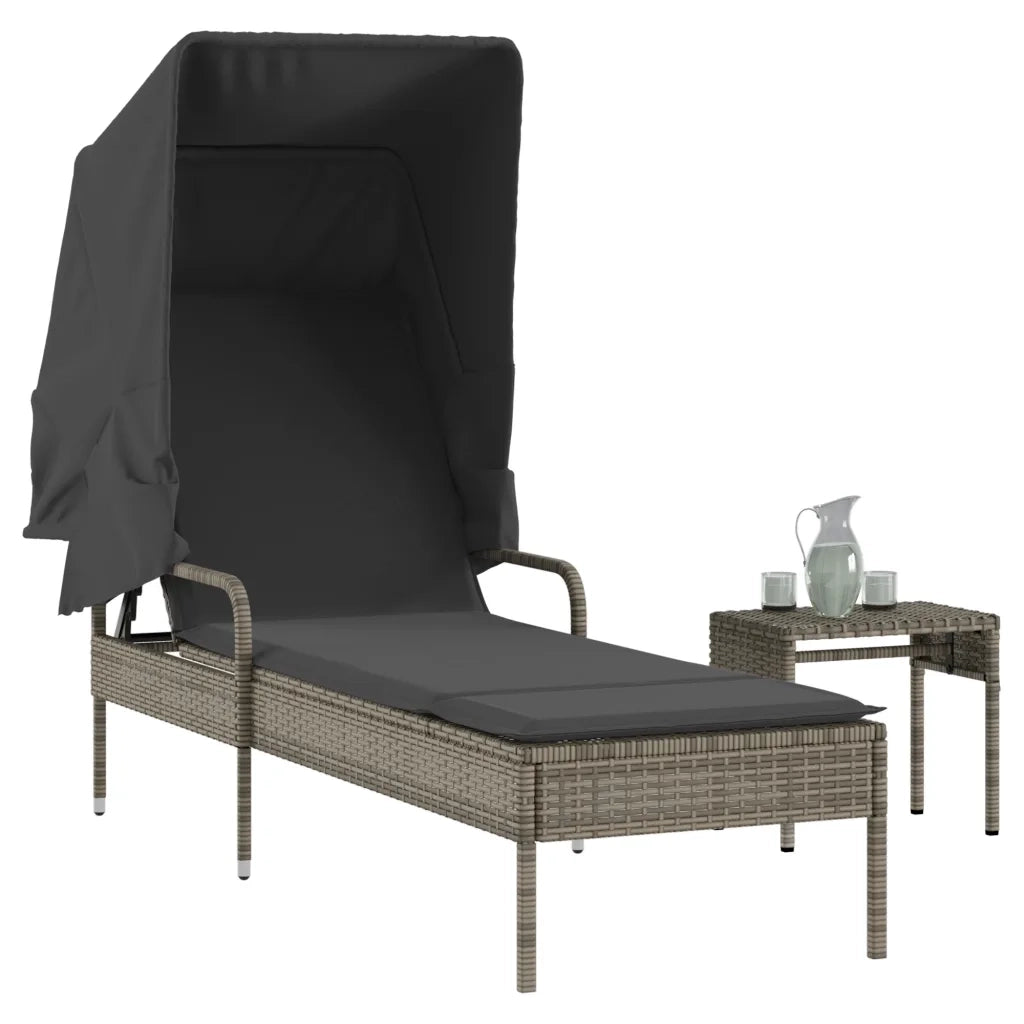 Lettino Prendisole | Sdraio da giardino | Lettino da sole con Baldacchino e Tavolino Grigio Polyrattan