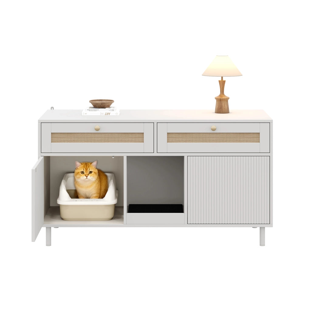 Mobile porta lettiera per gatti con doppia anta, cassetto, tappetino raccogli-sabbia, MDF bianco, 120x50x65 cm
