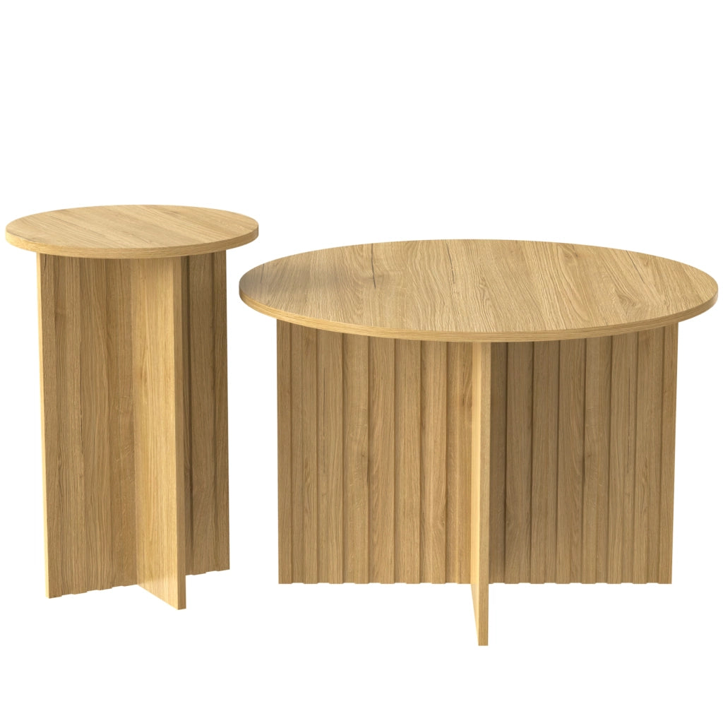 Tavolini da caffè nidificabili rotondi 2 Pezzi con Struttura verticale; Stile Scandinavo; in MDF e PB; Naturale