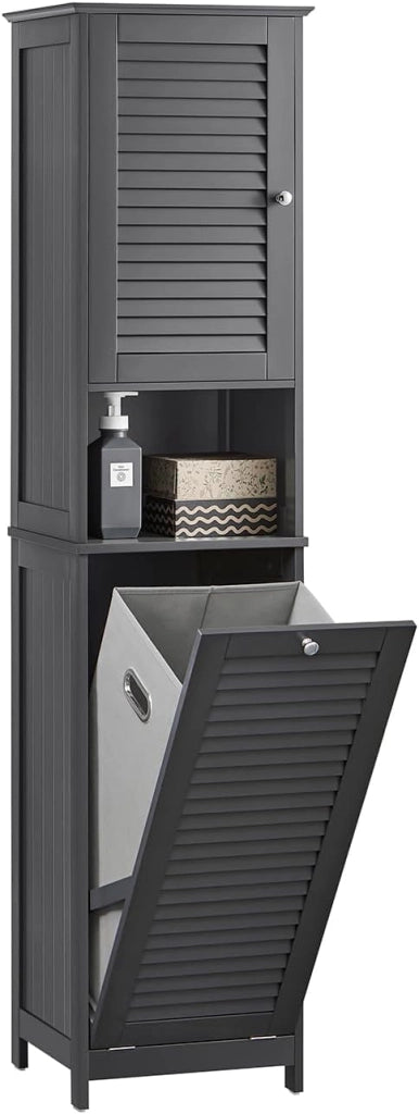 Mobile Bagno Colonna Salvaspazio con Portabiancheria Armadietto Alto e Stretto per Ambienti Compatti, Mobiletto con Ripiani, Mobile Multiuso Grigio 40x170x38 cm BZR124-DG