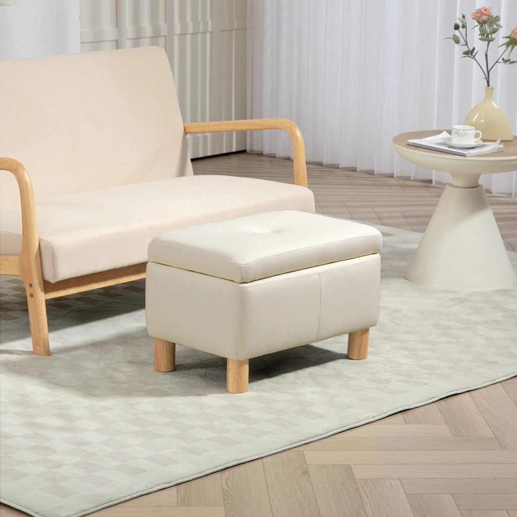 Panca contenitore imbottita ¨C Xylo ¨C PU crema con gambe in legno 60x38x40 cm