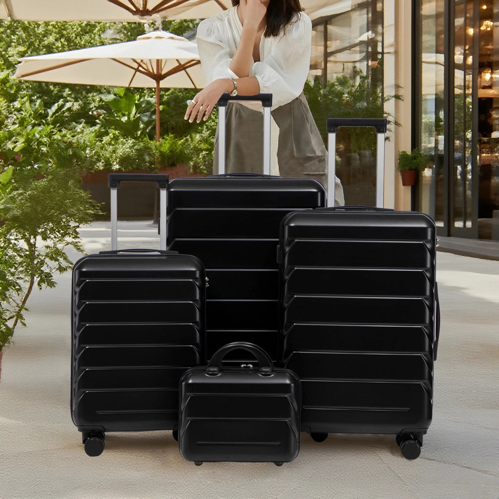 Set di valigie 4 pezzi in ABS nero con ruote doppie girevoli e beauty case da 14 pollici per il viaggio