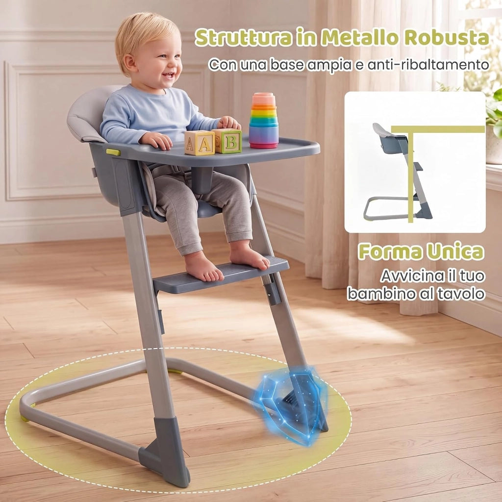 Seggiolone Pappa in PP, con Vassoio e Cuscino Rimovibili | Seggiolone Alto per Bambini, Cintura di Sicurezza, Barriera Anticaduta e Poggiapiedi per Neonati 6-36 Mesi