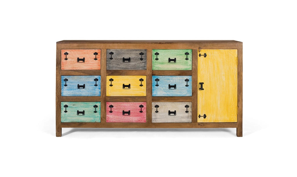 Credenza a 9 cassetti realizzata in legno massello multicolore