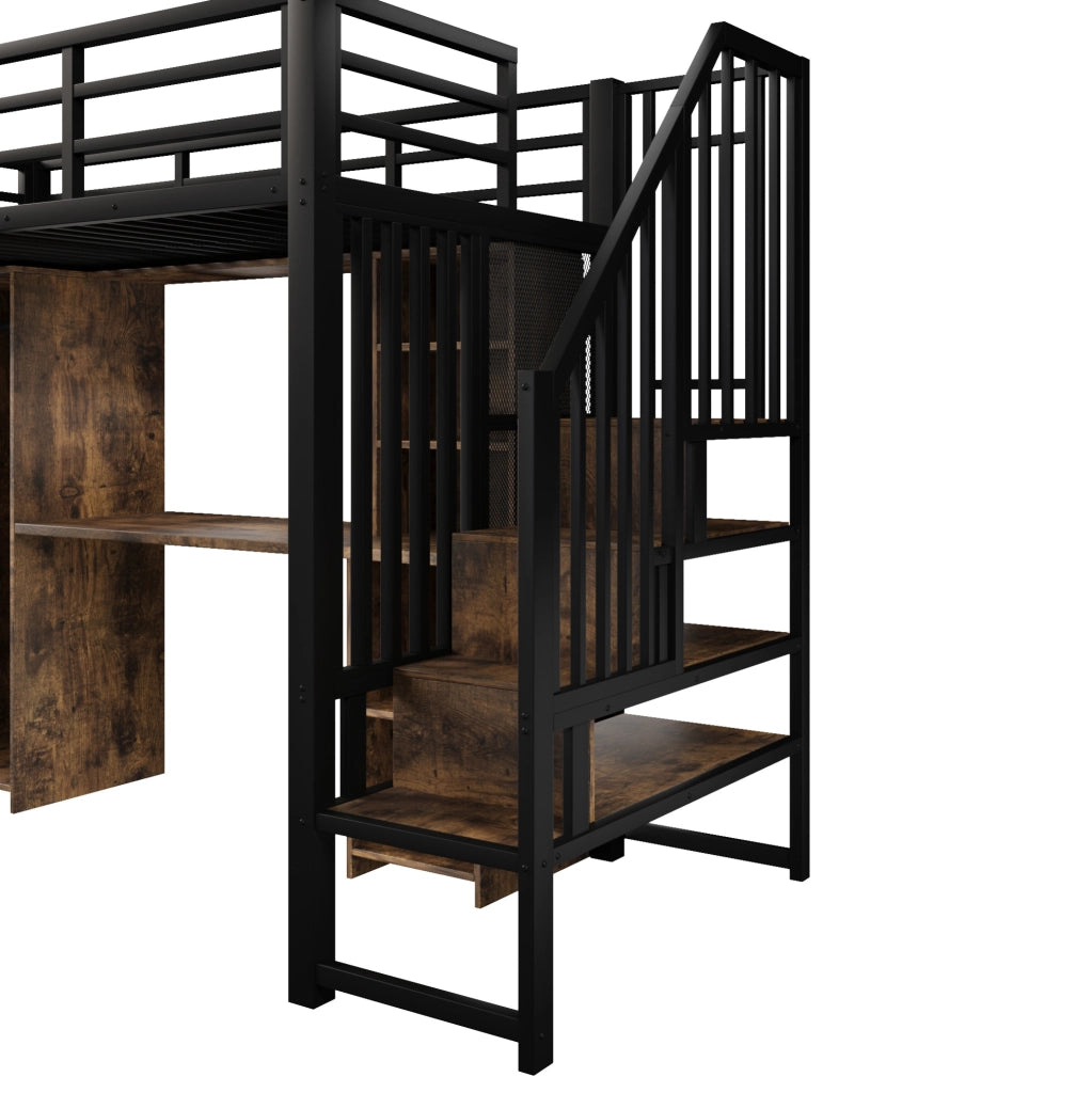 Letto a soppalco 90x200 cm con armadio; scrivania e gradini contenitore in metallo e MDF nero